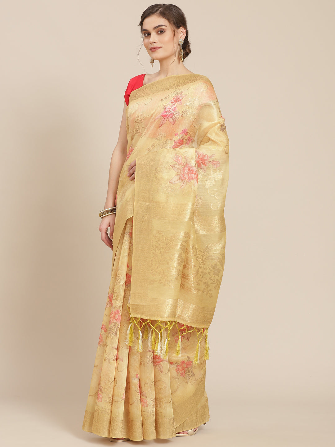 Digital Floral Printed Banarasi Pallu Cotton Chanderi Saree