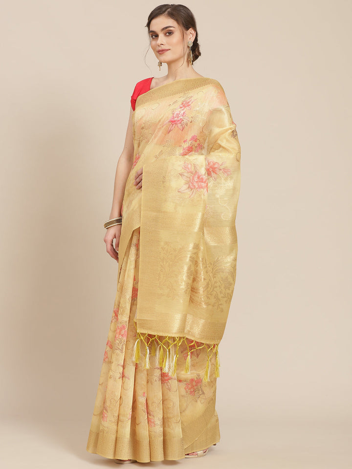 Digital Floral Printed Banarasi Pallu Cotton Chanderi Saree