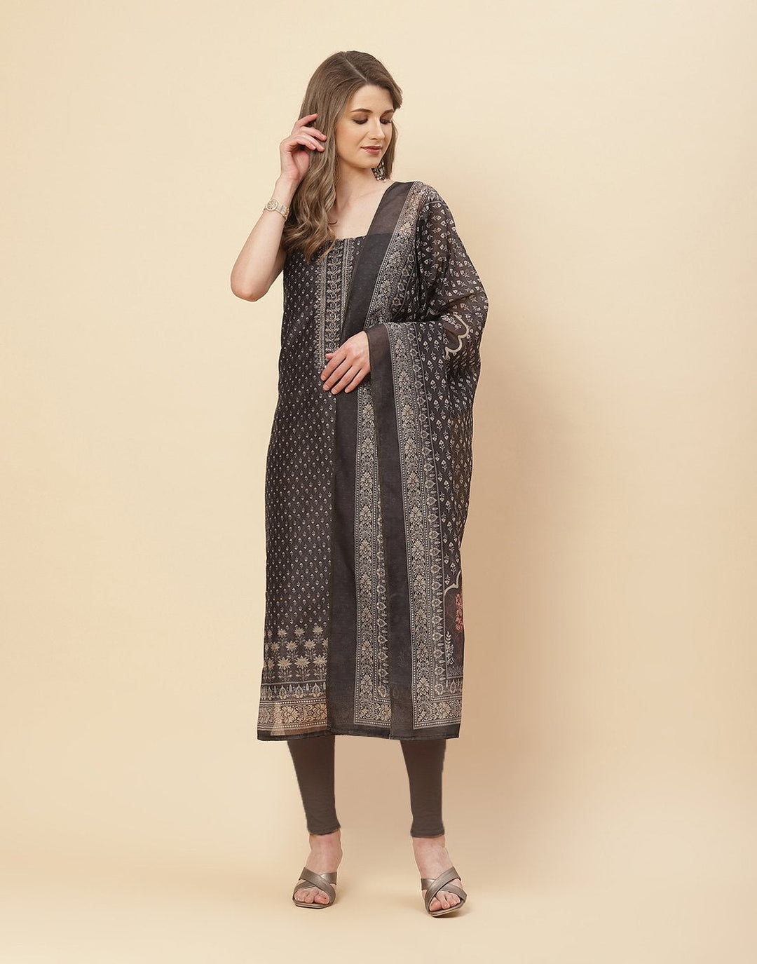 Patch Neck Work Printed Chanderi Suit Piece With Chanderi Printed Dupatta