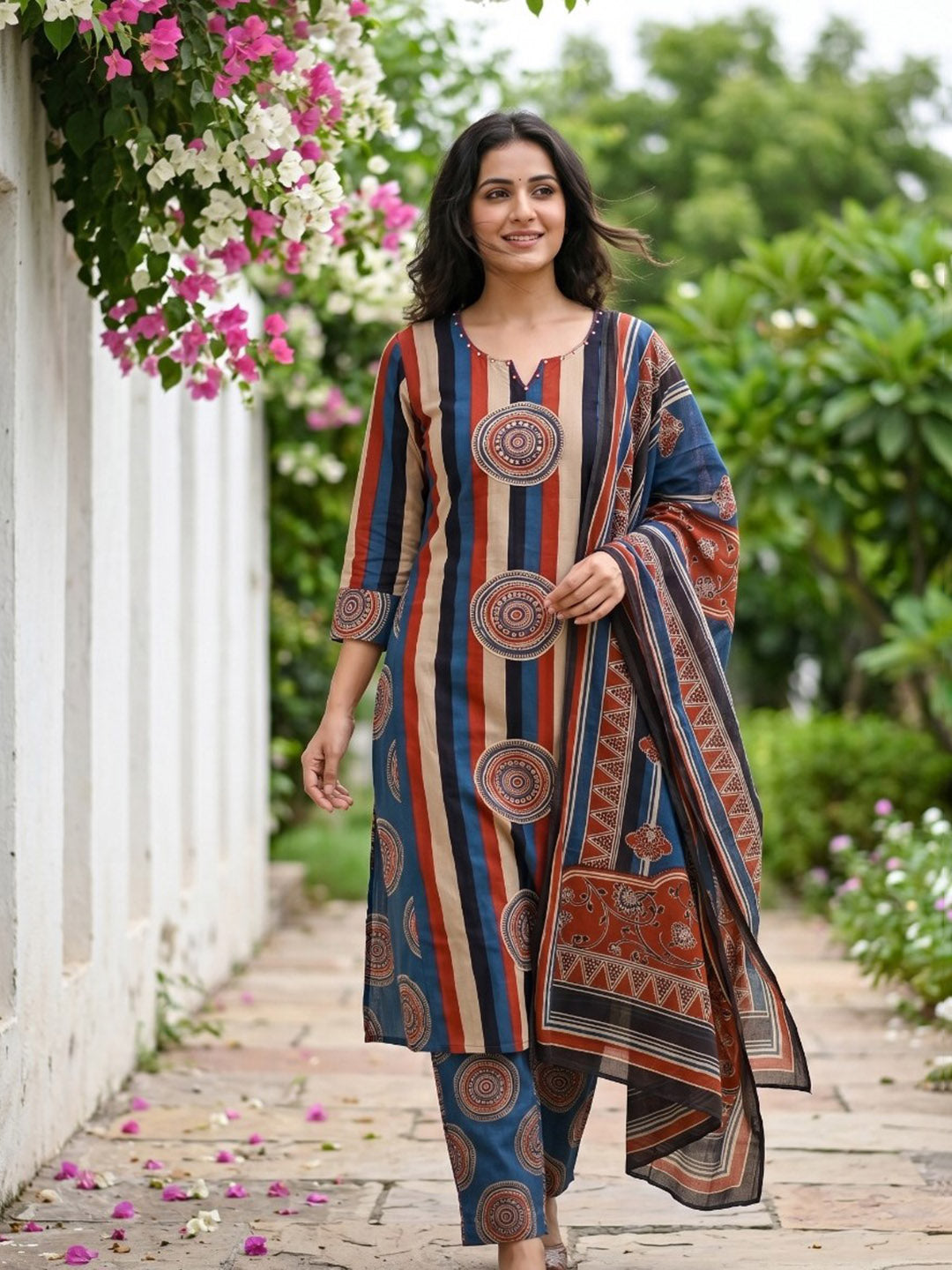 Embroidered Cotton Blend Kurta With Pant &amp; Dupatta
