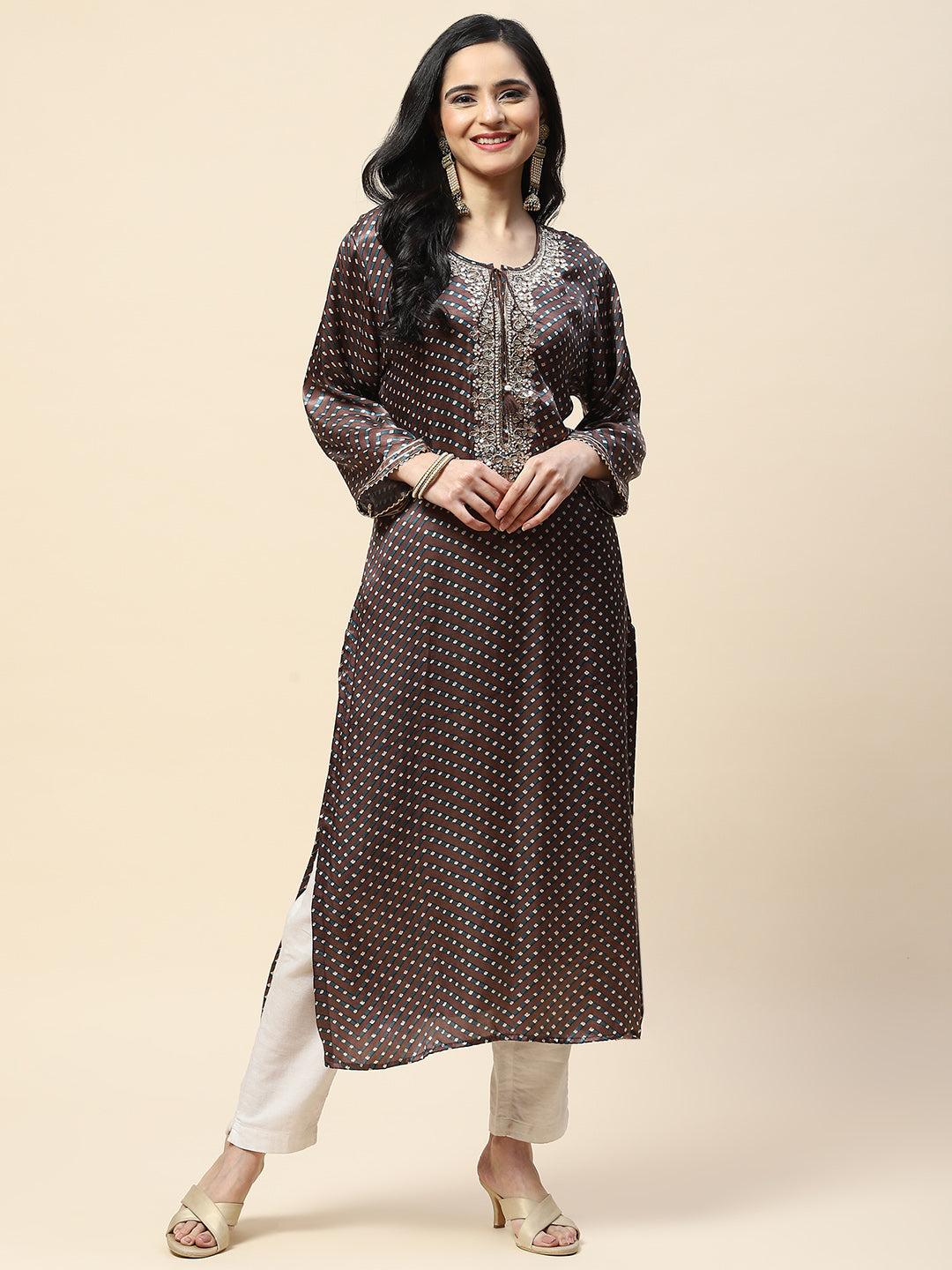 Printed With Yoke Embroidered Satin Kurta