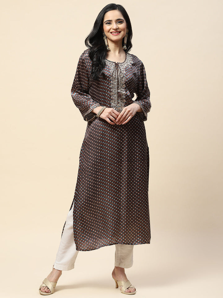 Printed With Yoke Embroidered Satin Kurta