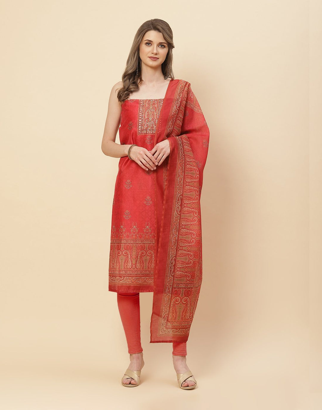 Patch Neck Work Printed Chanderi Suit Piece With Chanderi Printed Dupatta