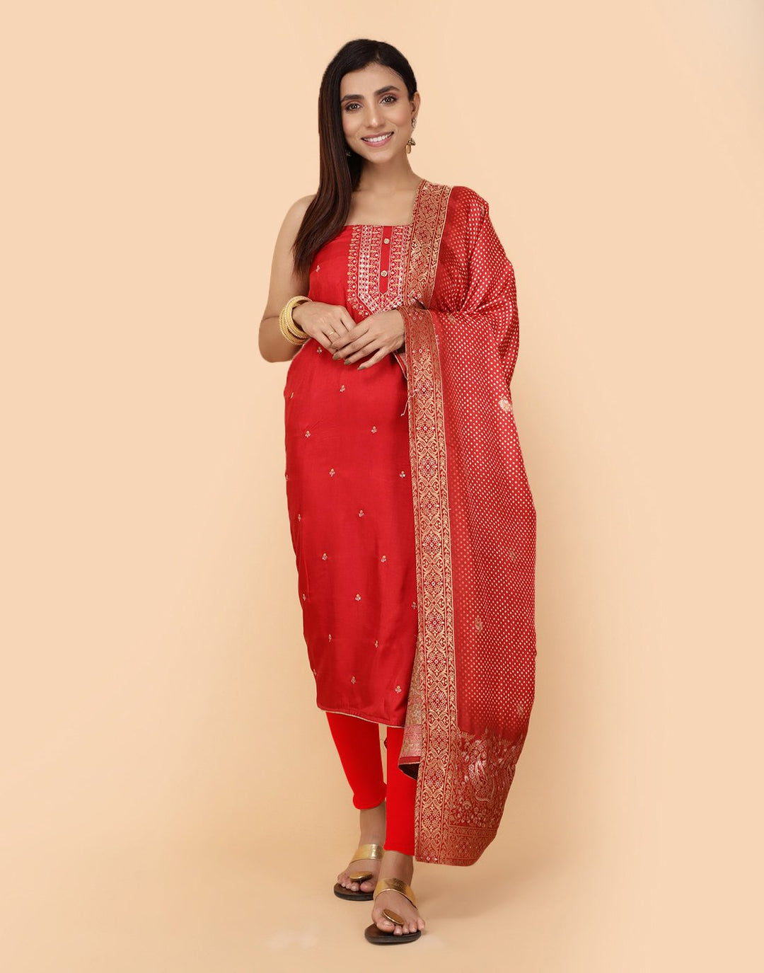 Embroidered Art Handloom Dupion Suit Piece With Printed Dupatta