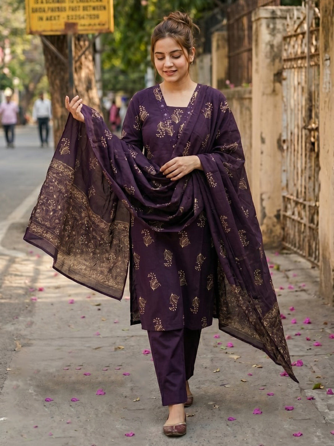 Neck Embroidered Cotton Blend Kurta With Pant &amp; Dupatta