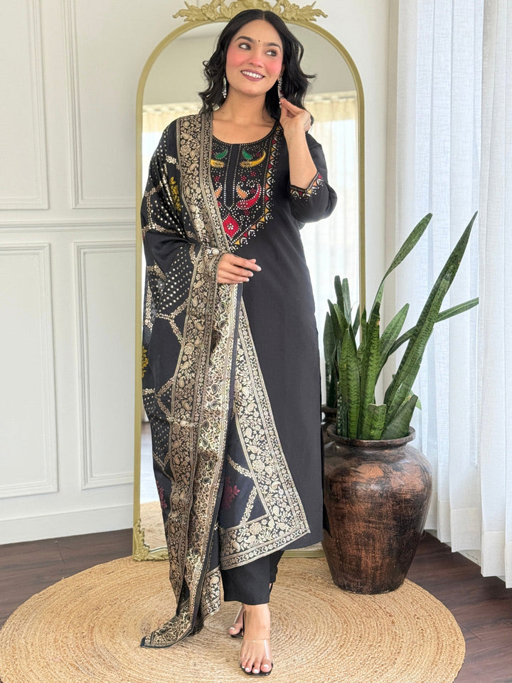 Printed Art Silk Kurta With Pants &amp; Dupatta