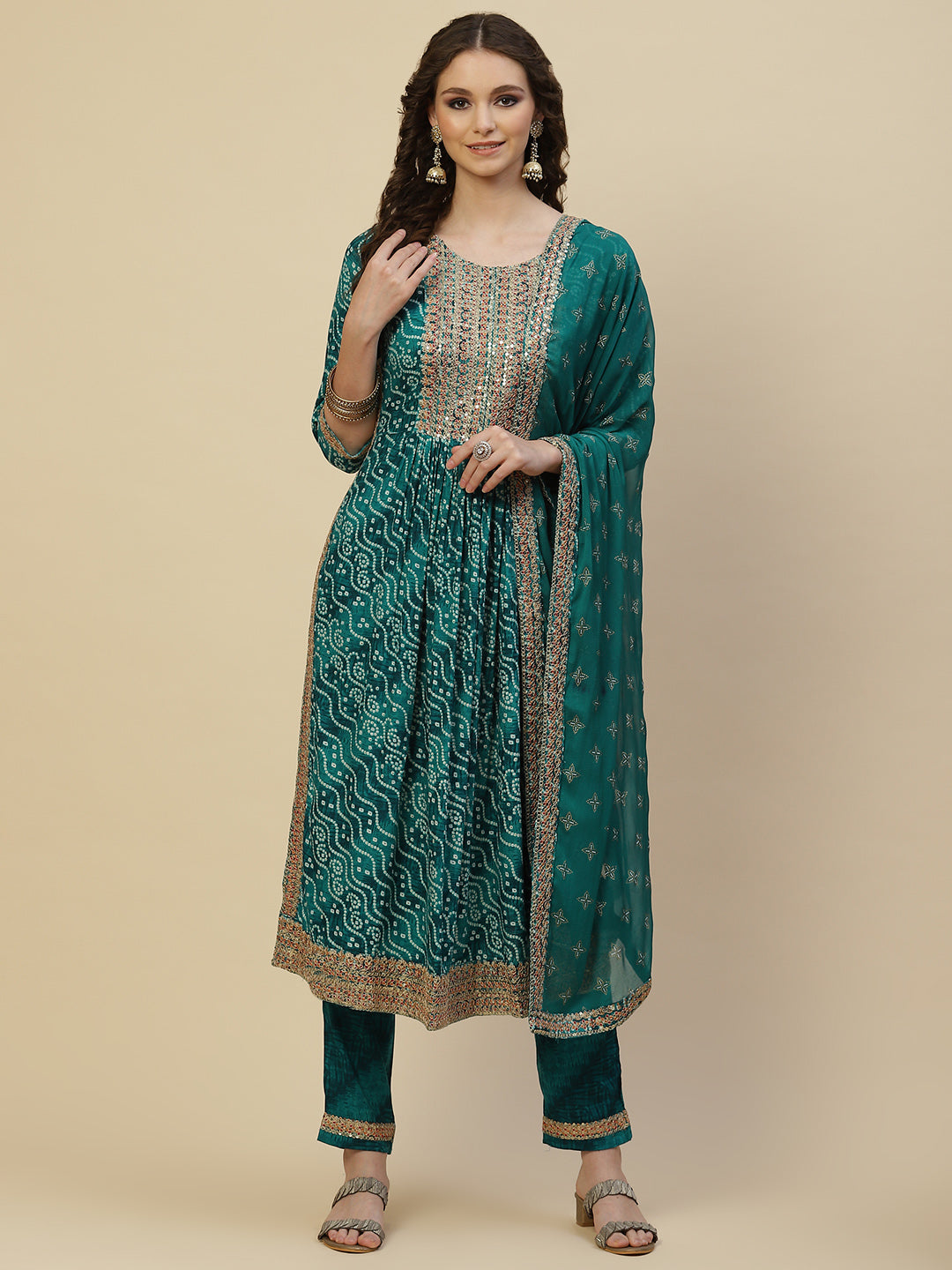 Bandhani Printed Cotton Kurta With Pants &amp; Dupatta