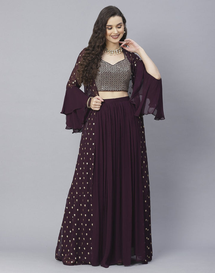 Bottle Green, Wine and Navy Blue Georgette Salwar Kameez with Shrug
