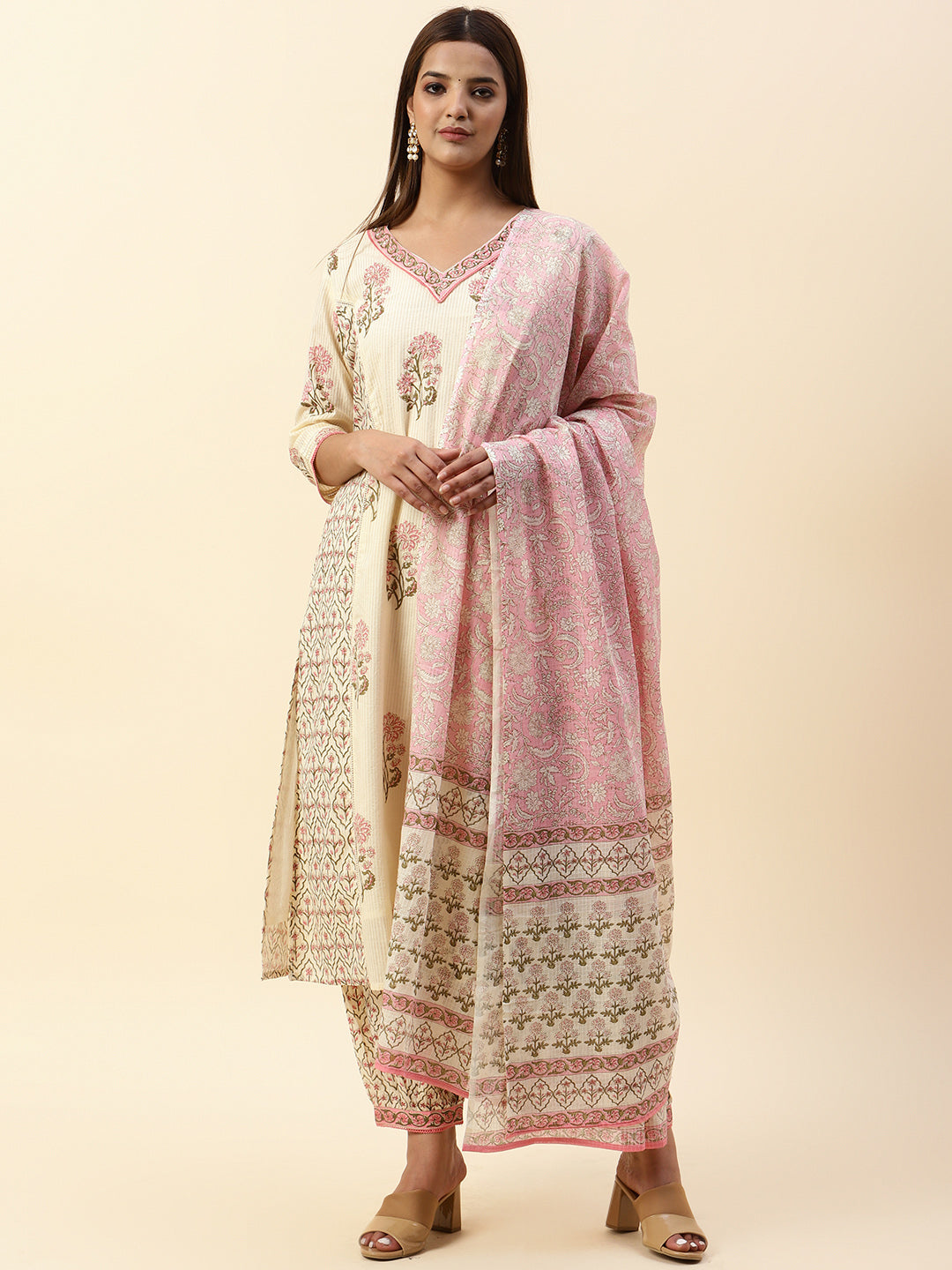 Printed Cotton Kurta With Pants &amp; Dupatta