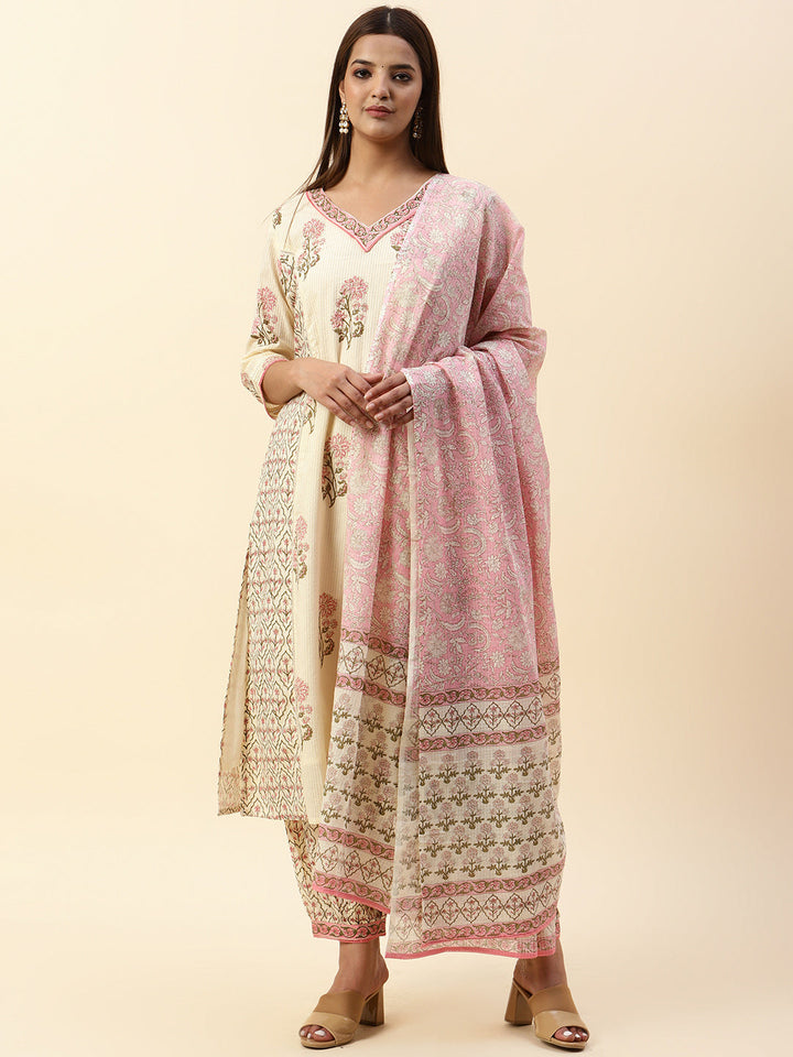 Printed Cotton Kurta With Pants &amp; Dupatta