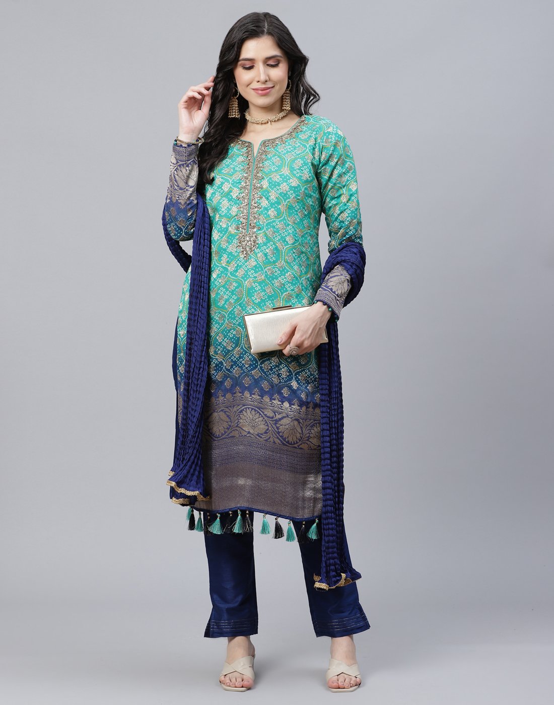 Green and Navy Salwar Kameez Stitched Suit