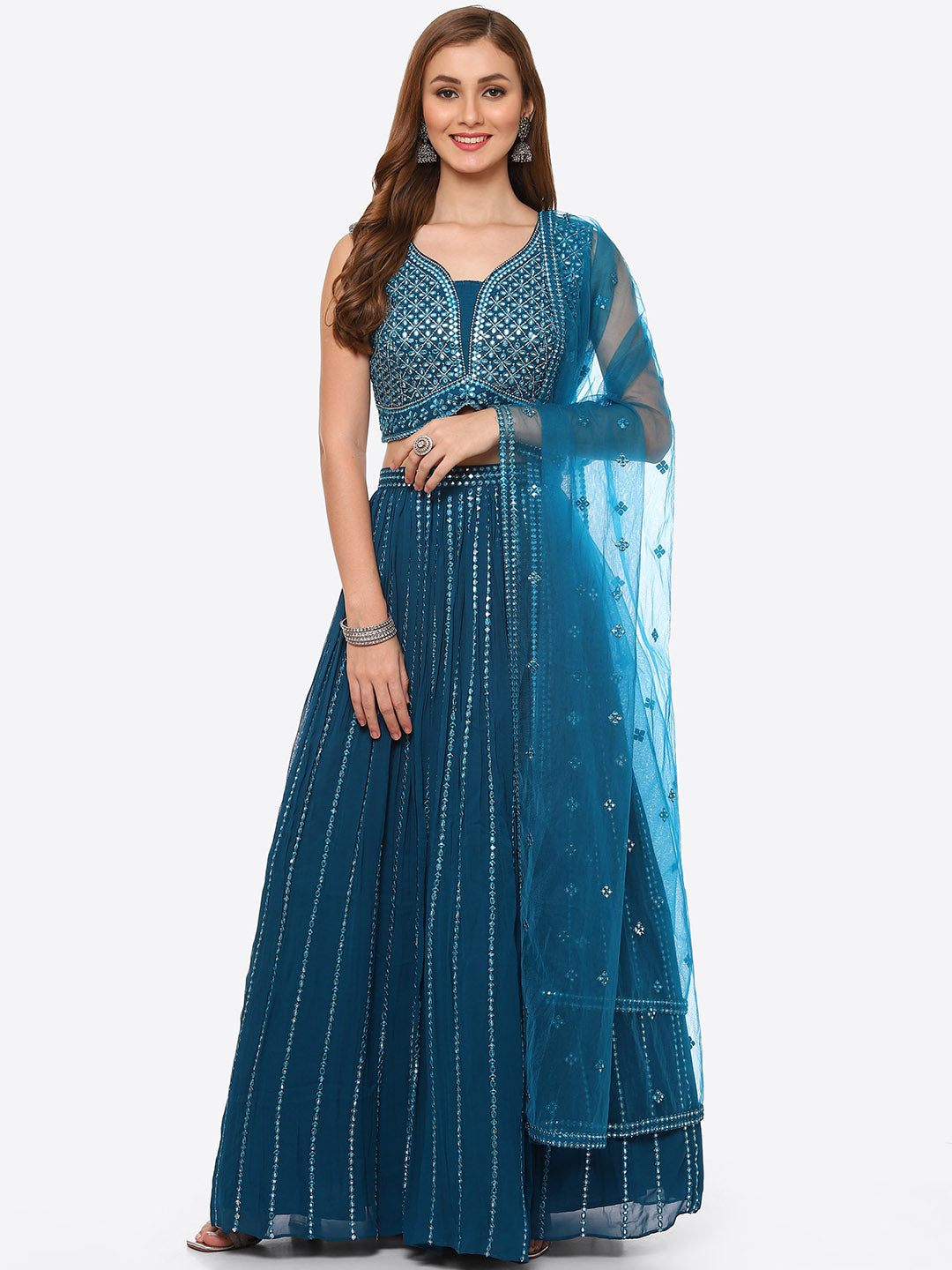 Mirror Work Georgette Choli With Laacha &amp; Net Dupatta