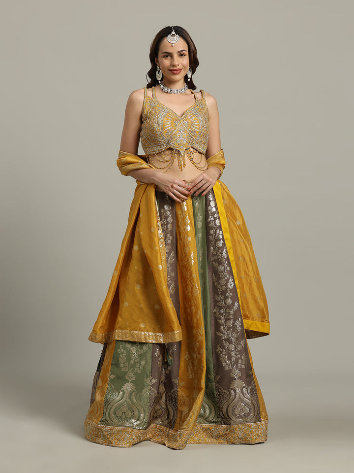 Embroidered Banarasi Choli With Lehenga &amp; Dupatta