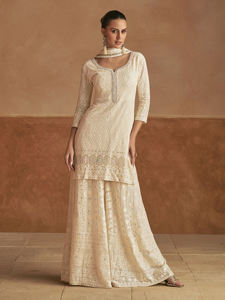 Embroidered Geogrette Kurta With Plazzo &amp; Dupatta