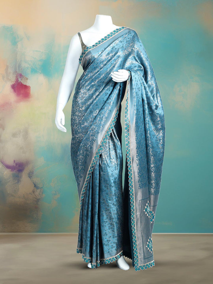 Floral Woven Design &amp; Embellished Border Satin Saree
