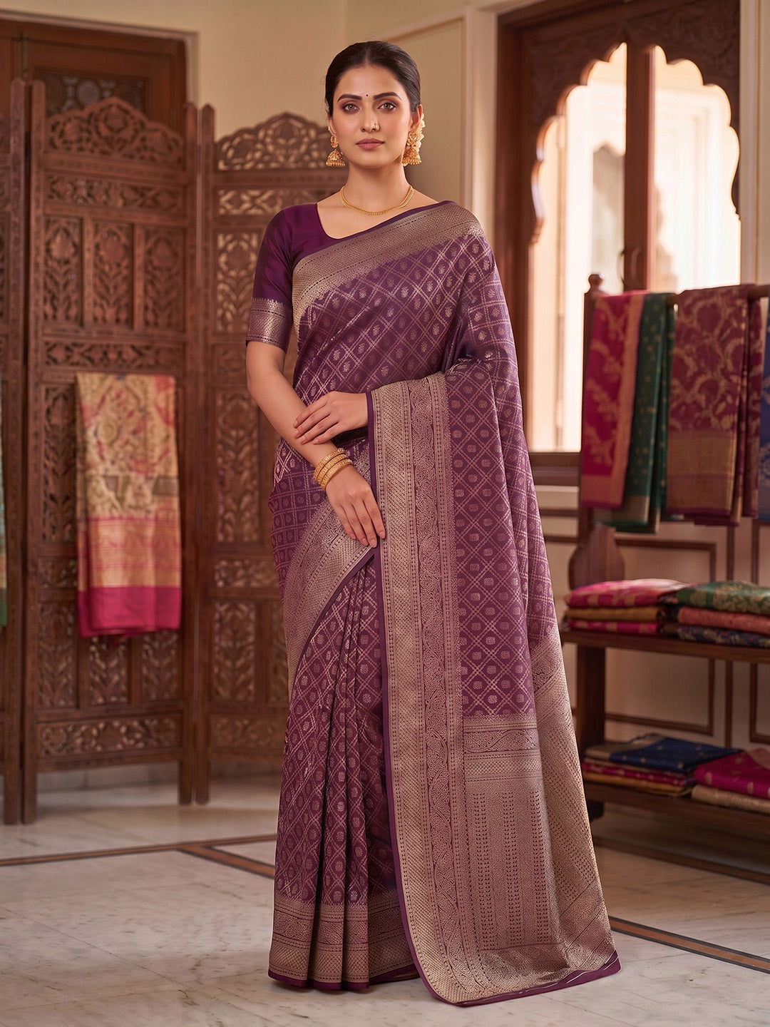 Wine Woven Design Art Silk Kanjivaram Saree
