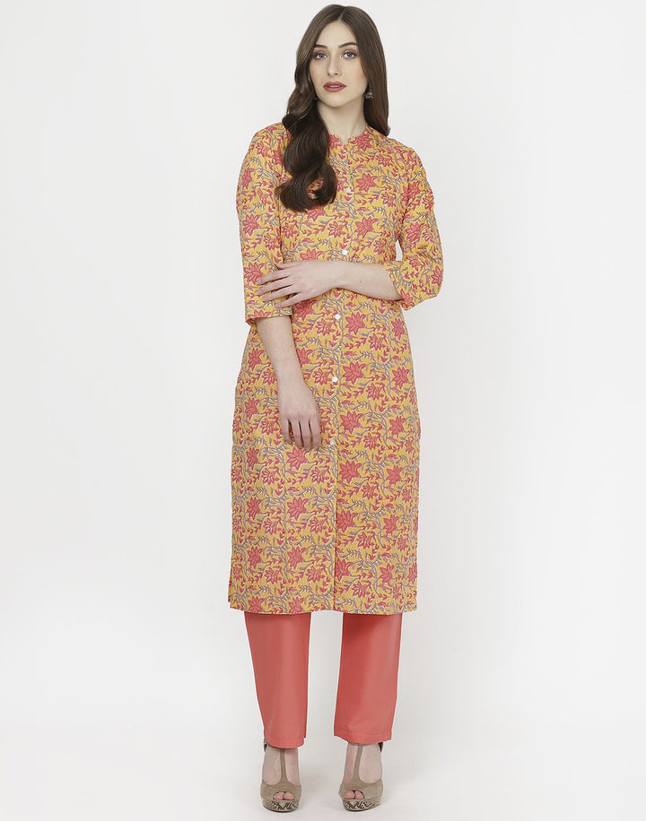 MBZ Meena Bazaar-Yellow Peach Cotton Kurti with Palazzo