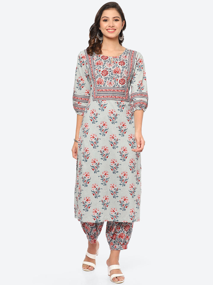Floral Printed Cotton Kurta With Agfani Pant