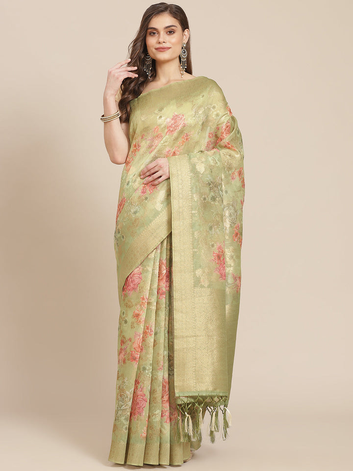 Digital Floral Printed Banarasi Pallu Cotton Chanderi Saree