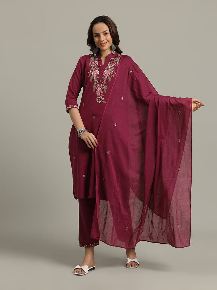 Resham Embroidered Cotton Kurta With Pants &amp; Dupatta