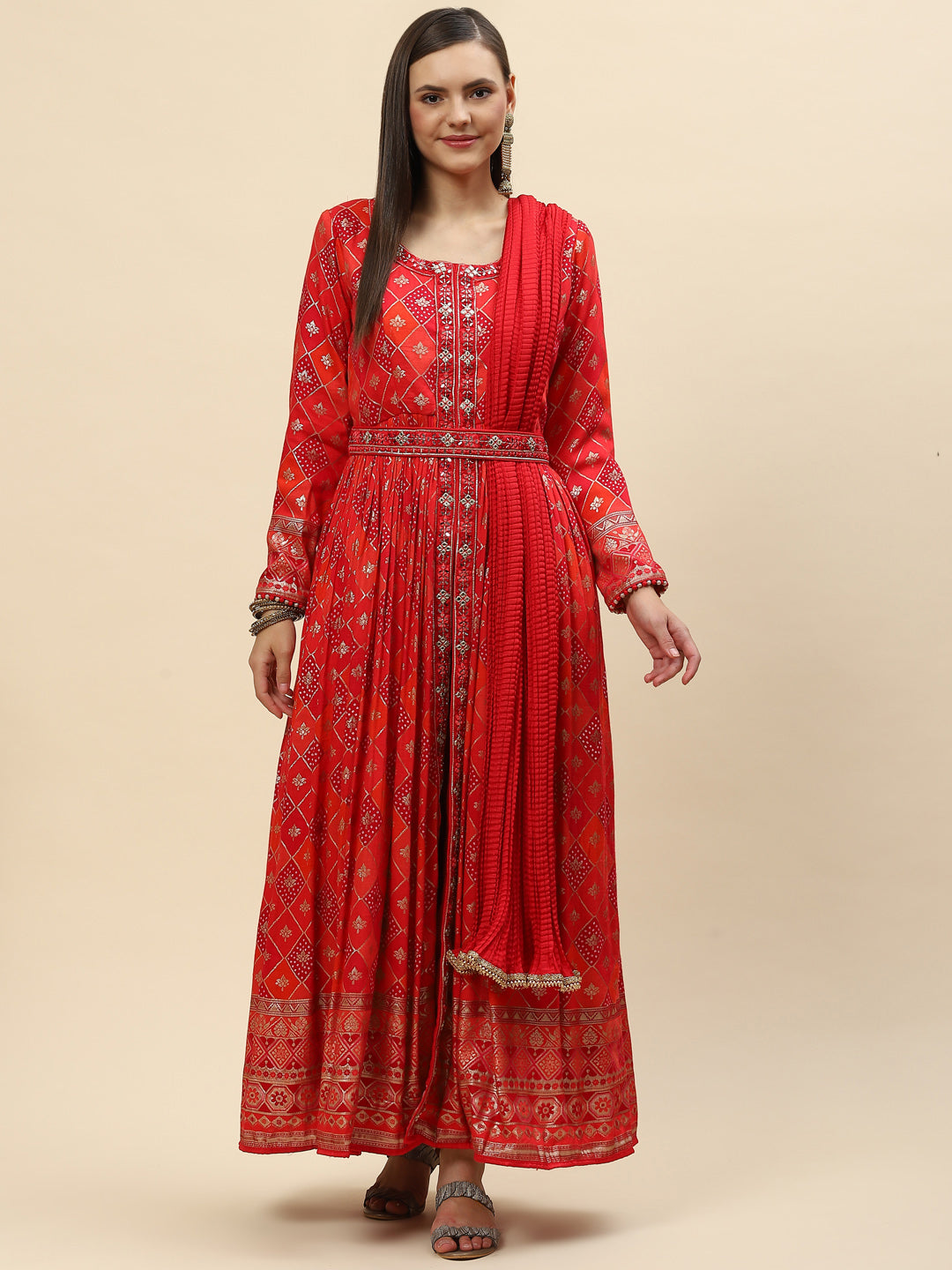 Banarasi Cotton Kurta With Pants &amp; Silk Dupatta