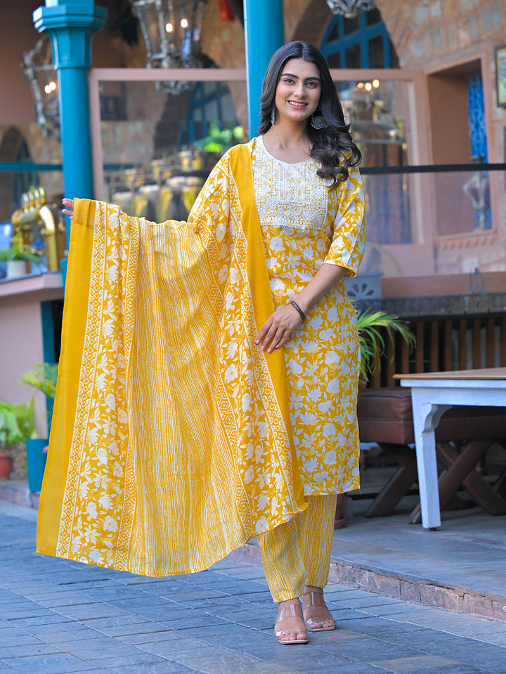 Floral Printed Cotton Kurta With Pants &amp; Dupatta