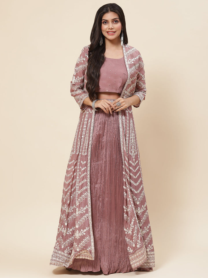Resham Embroidered Crepe Choli With Lehenga &amp; Jacket