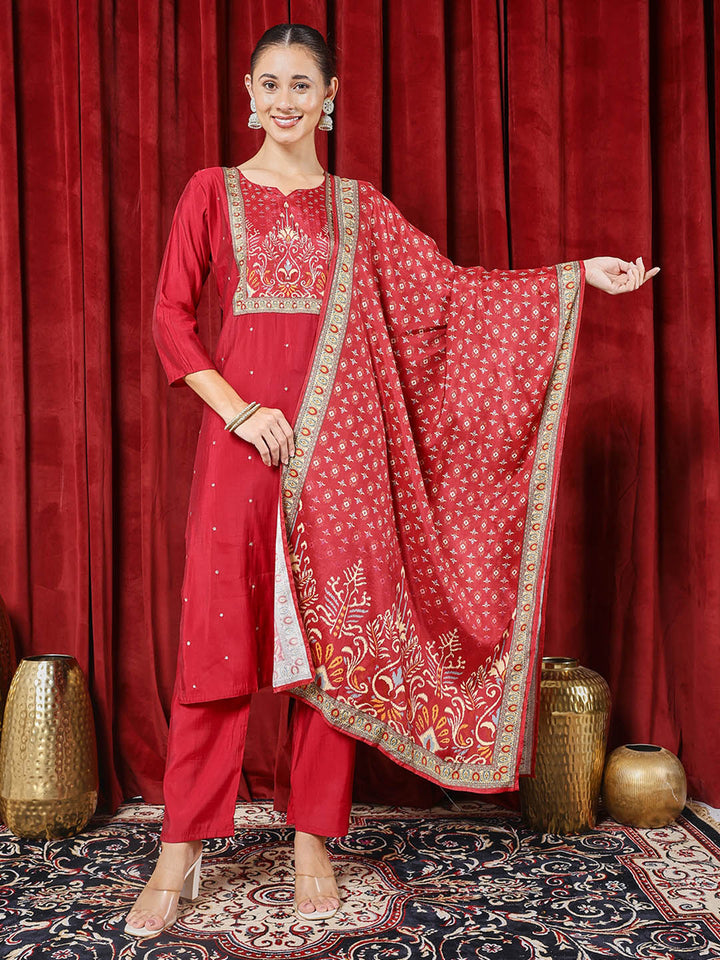 Printed Cotton Blend Kurta With Pants &amp; Dupatta