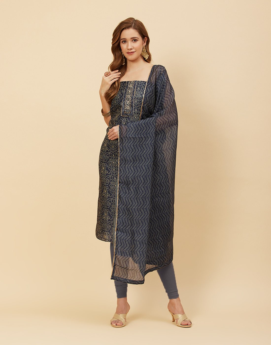 Printed Chanderi Suit Piece With Patch Work
