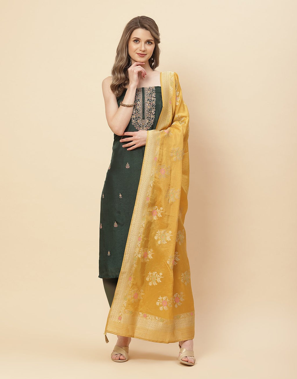 Embroidered Art Handloom Dupion Suit Piece With Banarasi Dupatta