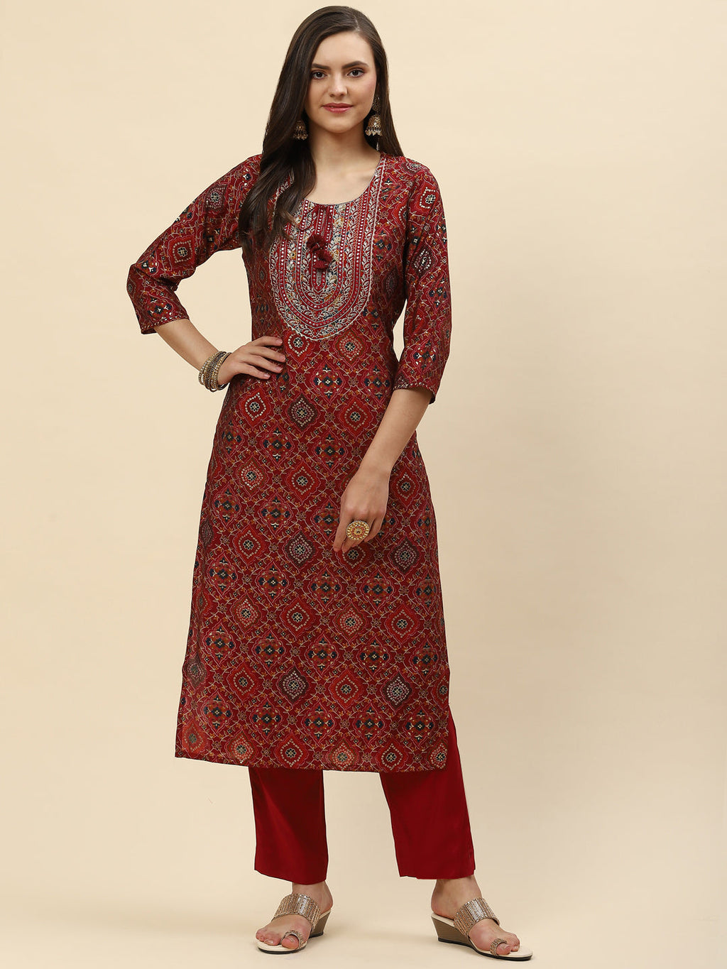 Zari Neck Embroidered & Printed Muslin Kurta With Pants