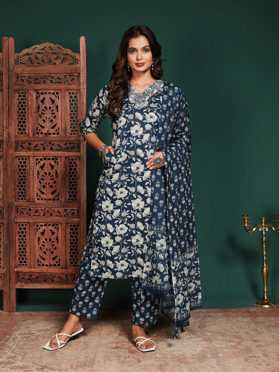 Printed Cotton Blend Kurta With Pant &amp; Dupatta