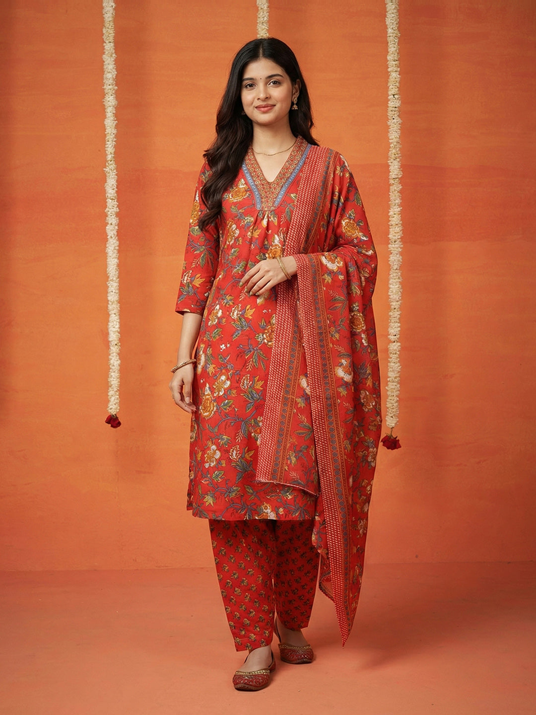 Printed Cotton Kurta With Pant &amp; Dupatta