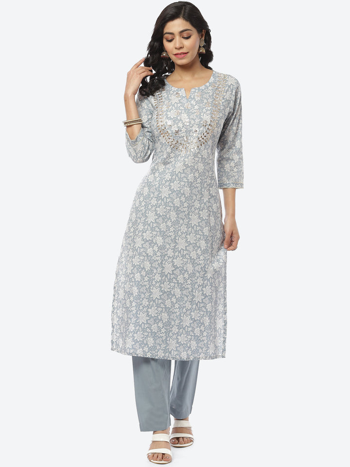 Printed Gota Neck Cotton With Pant