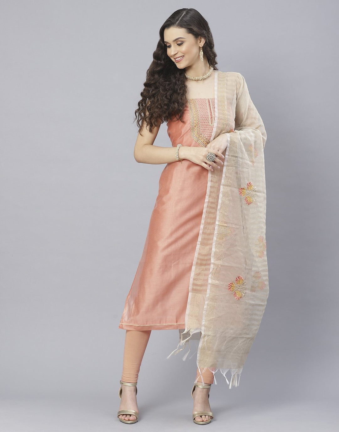 Chanderi Embroidered Suit Piece with fancy dupatta