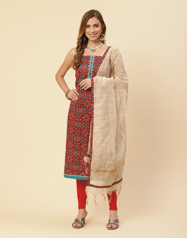 Printed Cotton Suit Piece With Kantha Work