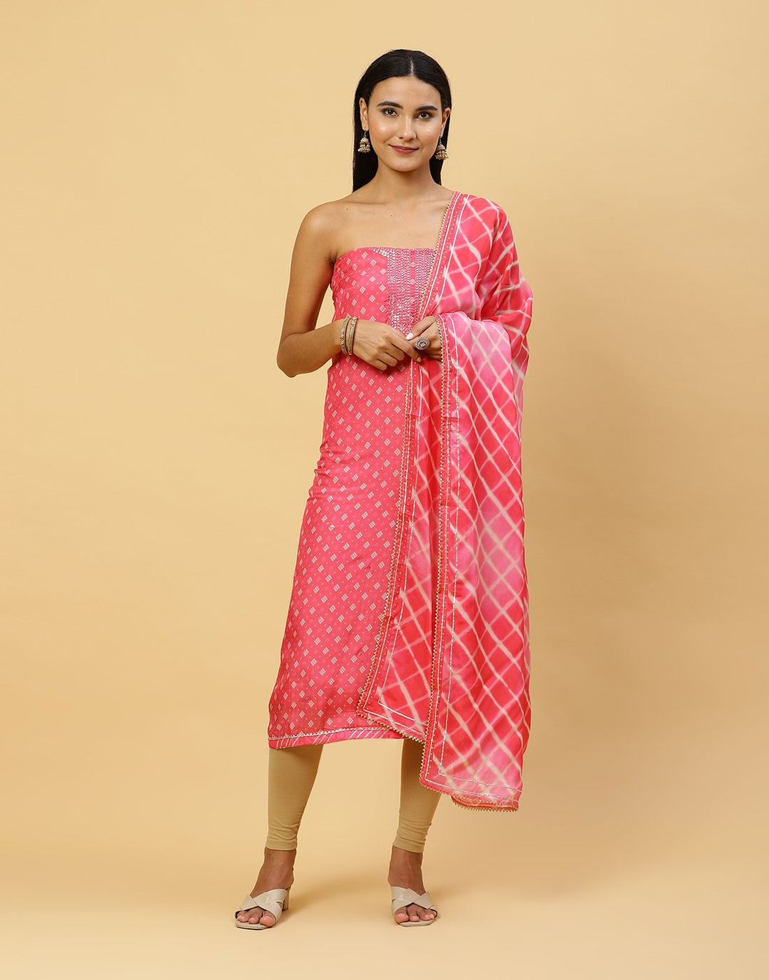 Printed Muslin Suit Piece With Organza Dupatta