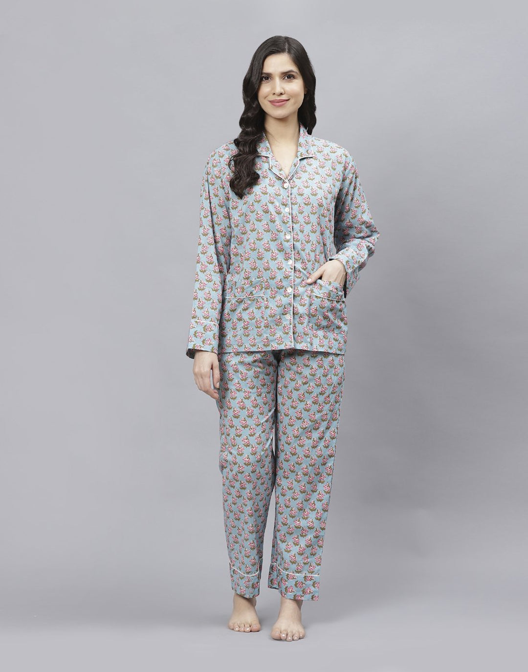 Sky Blue Cotton Printed Comfort Wear