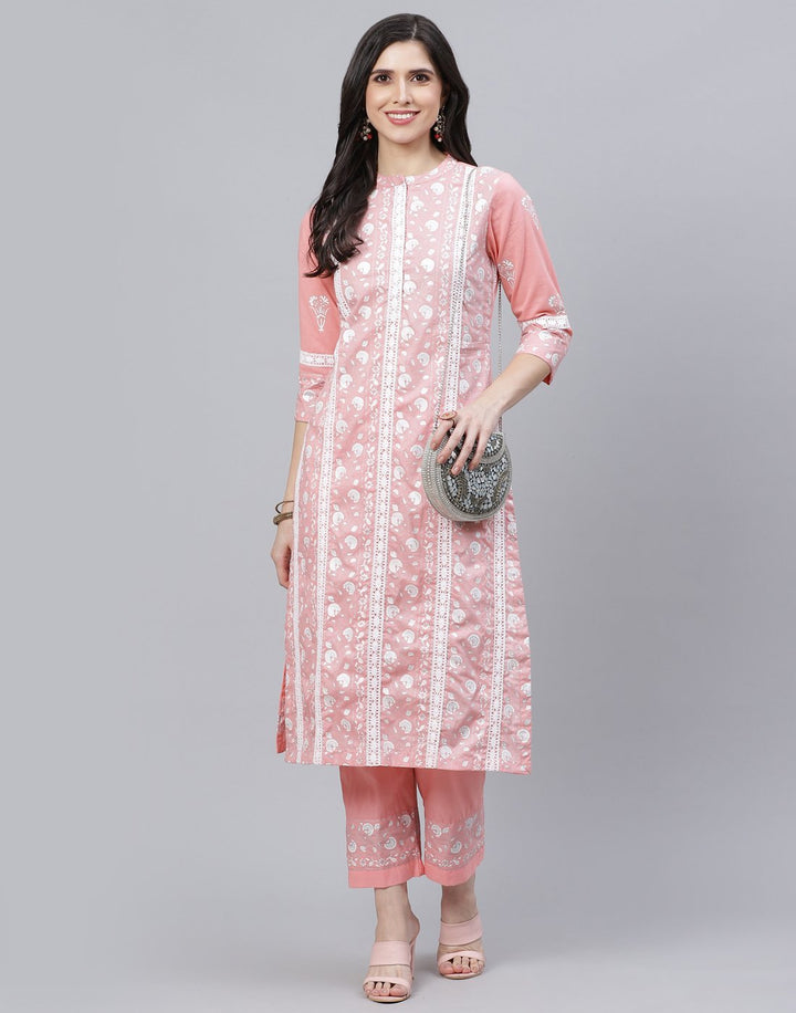 Printed Cotton Kurti Pant Set with Lace Detail
