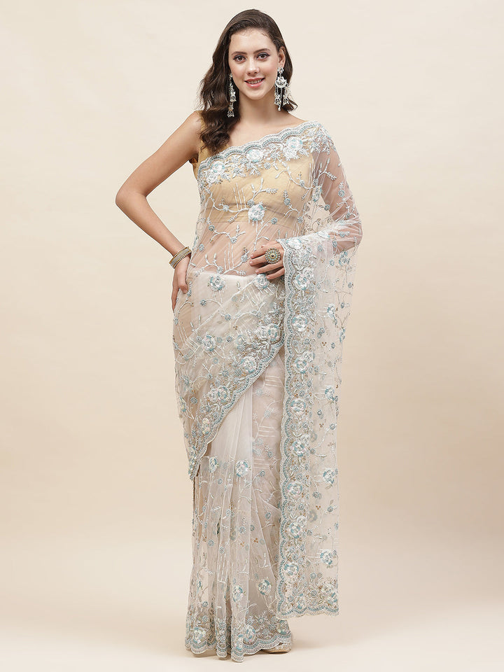 Resham Jaal Embroidery Net Saree