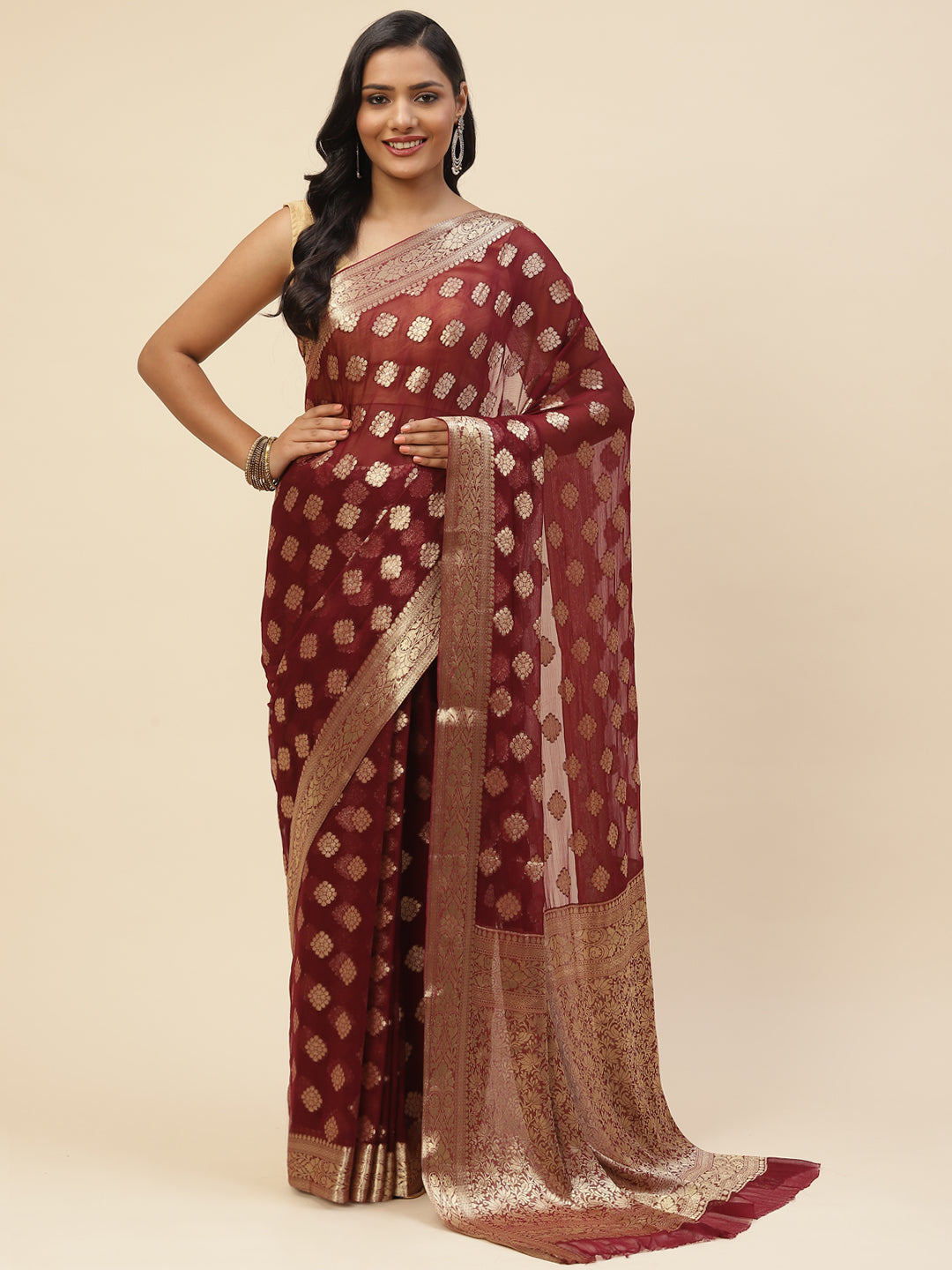 Zari Booti Chiffon Plain Saree