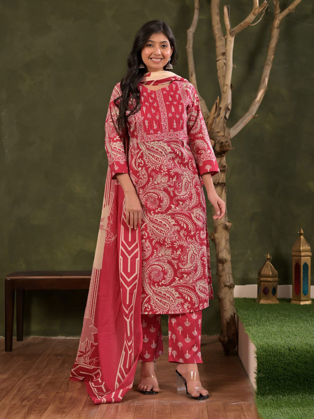 Magenta Embroidered Cotton Blend Straight Suit Set With Dupatta