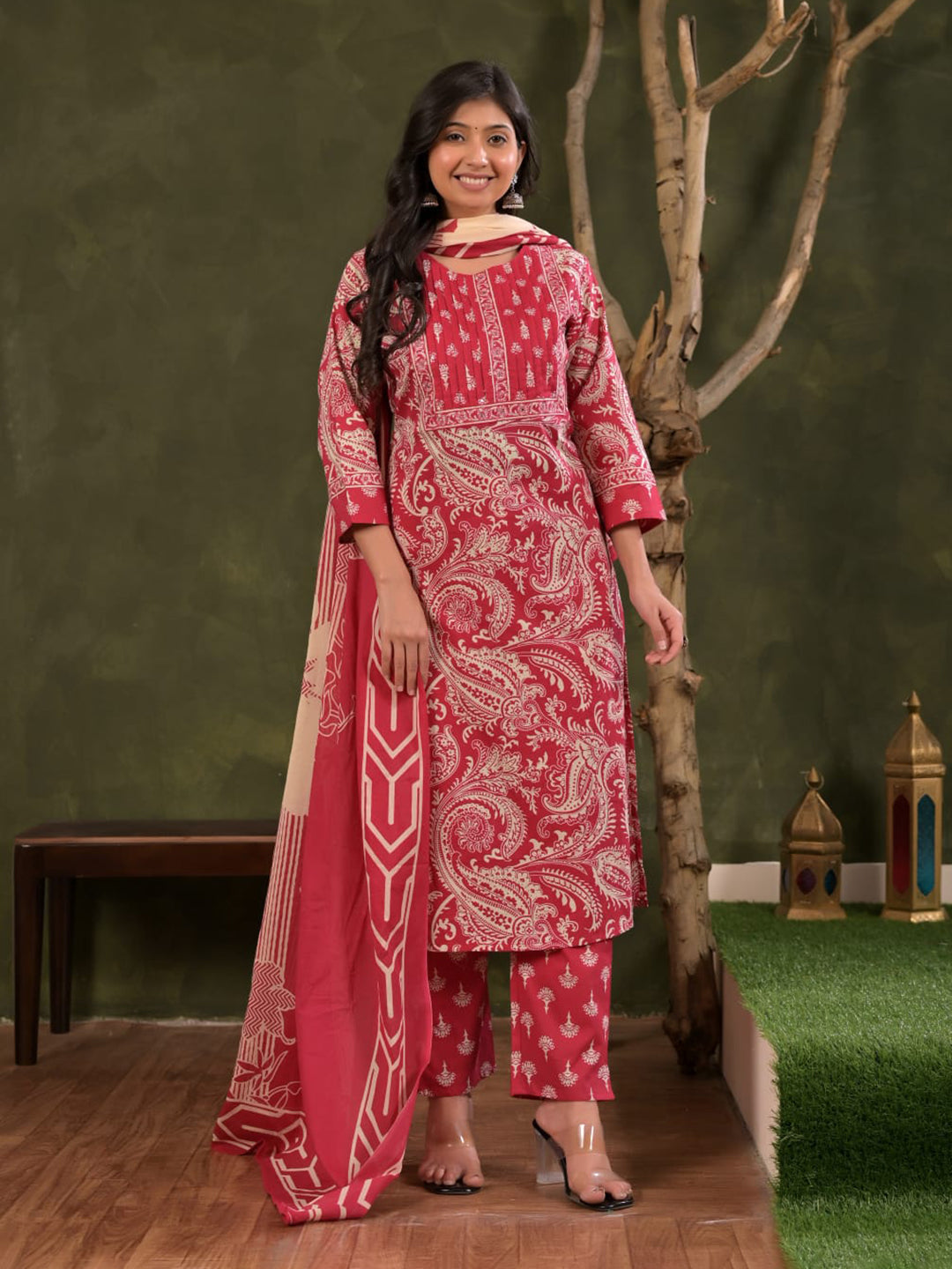 Magenta Embroidered Cotton Blend Straight Suit Set With Dupatta