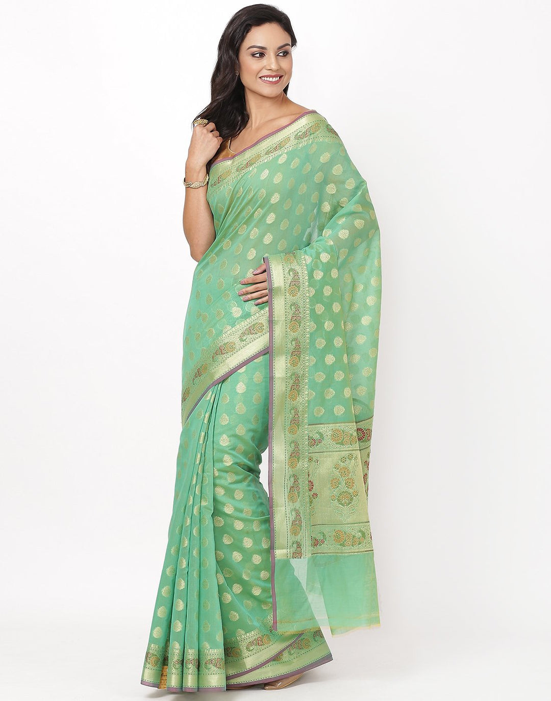 MBZ Meena Bazaar-Green Cotton Woven Saree