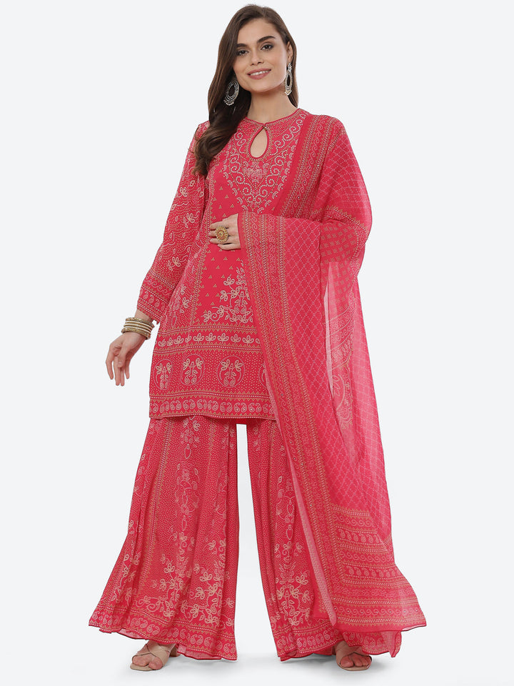 Digital Printed Crepe Kurta With Sharara &amp; Georgette Dupatta