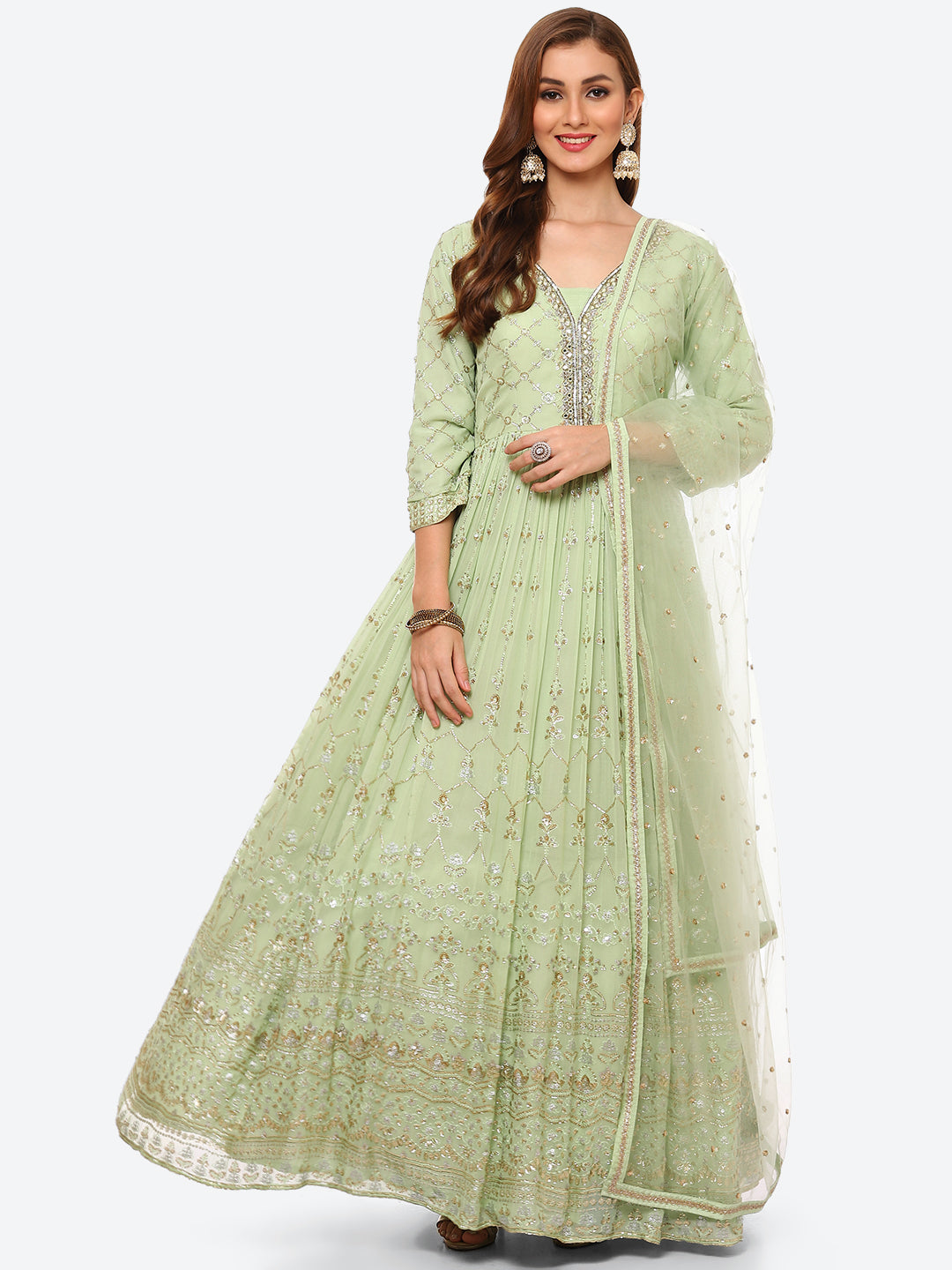 Sequin Work Georgette Anarkali Kurta With Churidar &amp; Net Dupatta