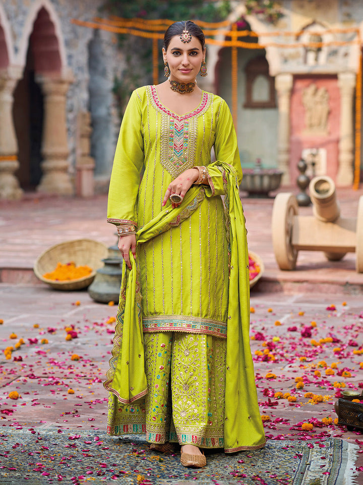 Embroidered Chinon Kurta With Plazzo &amp; Dupatta