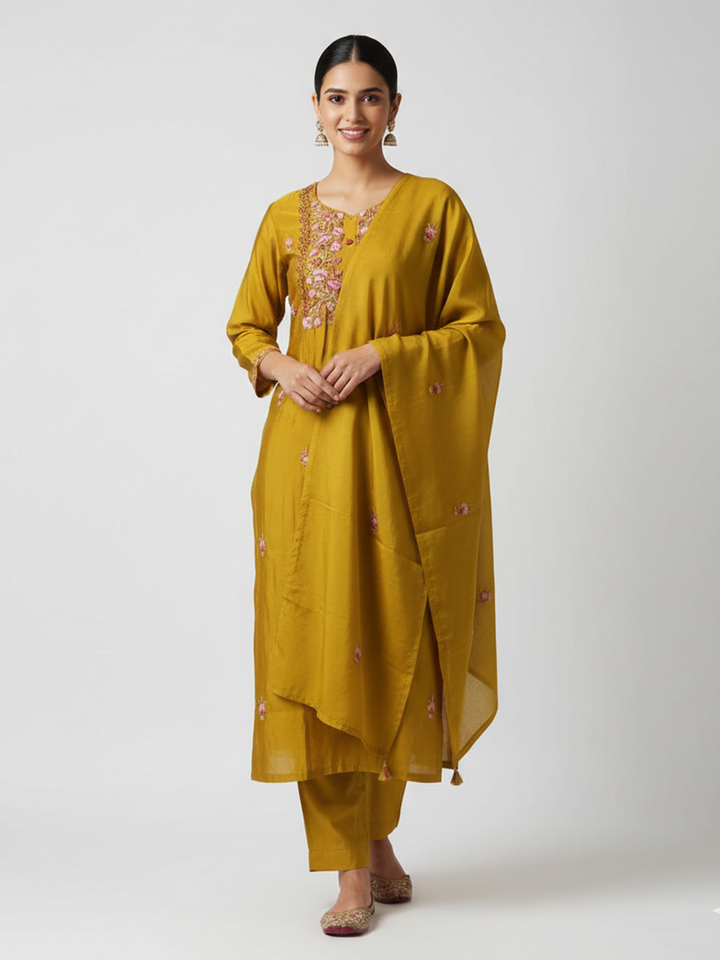 Mustard Art Silk Printed Straight Suit Set