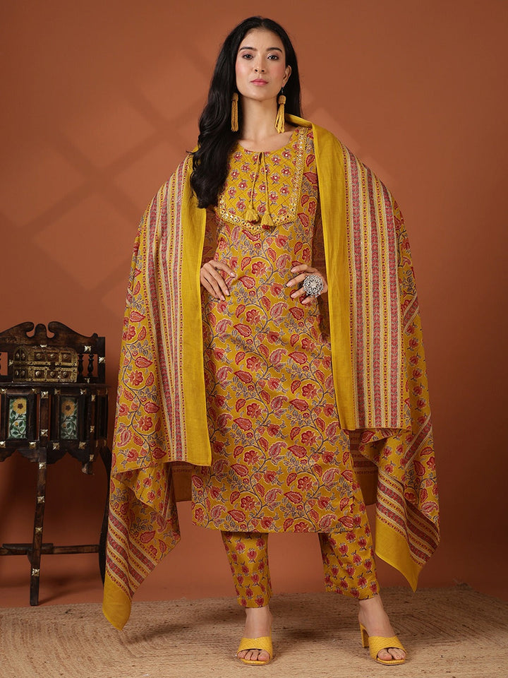 Printed Cotton Blend Kurta With Pant &amp; Dupatta