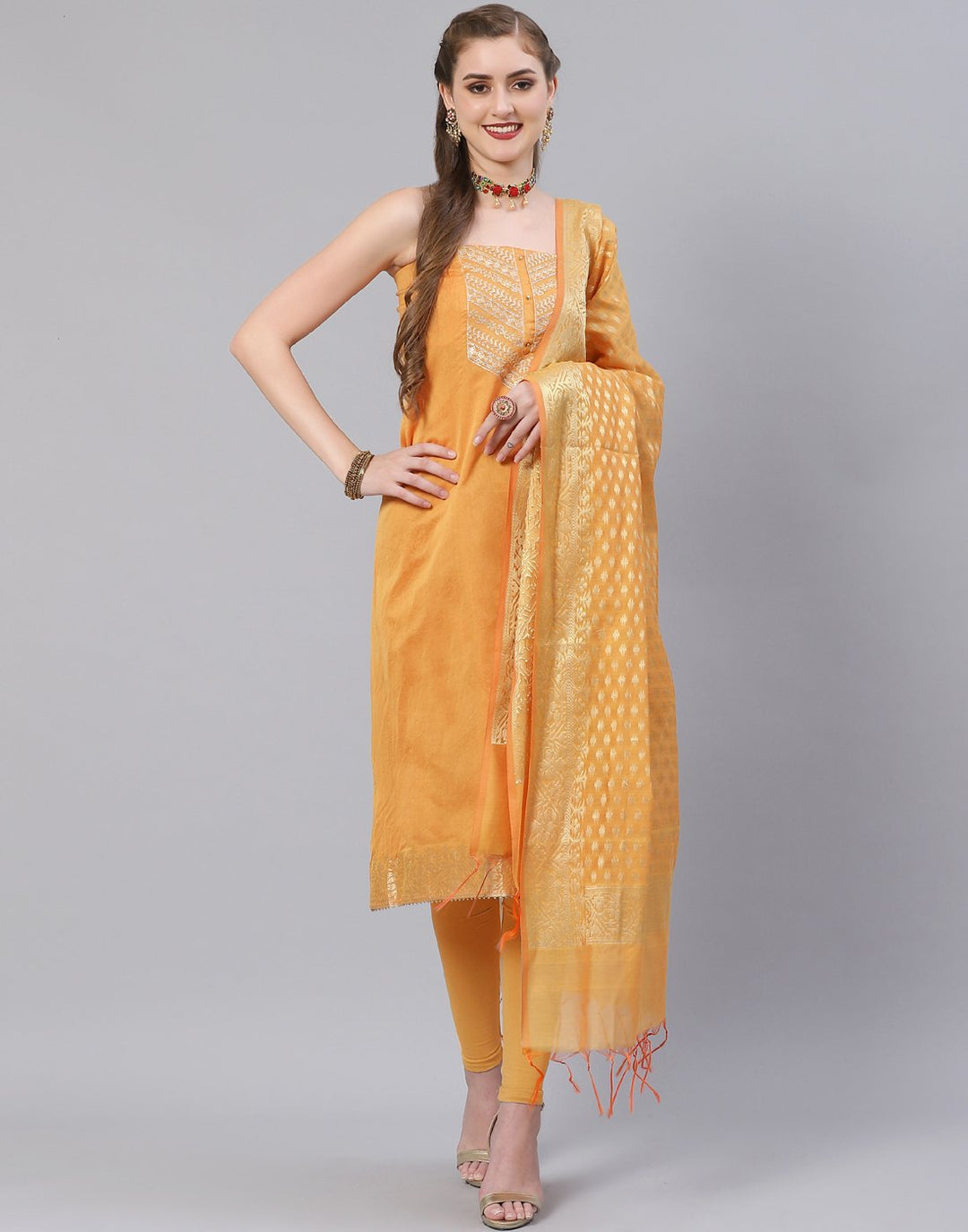 Chanderi Embroidered Suit Piece with banarasi dupatta